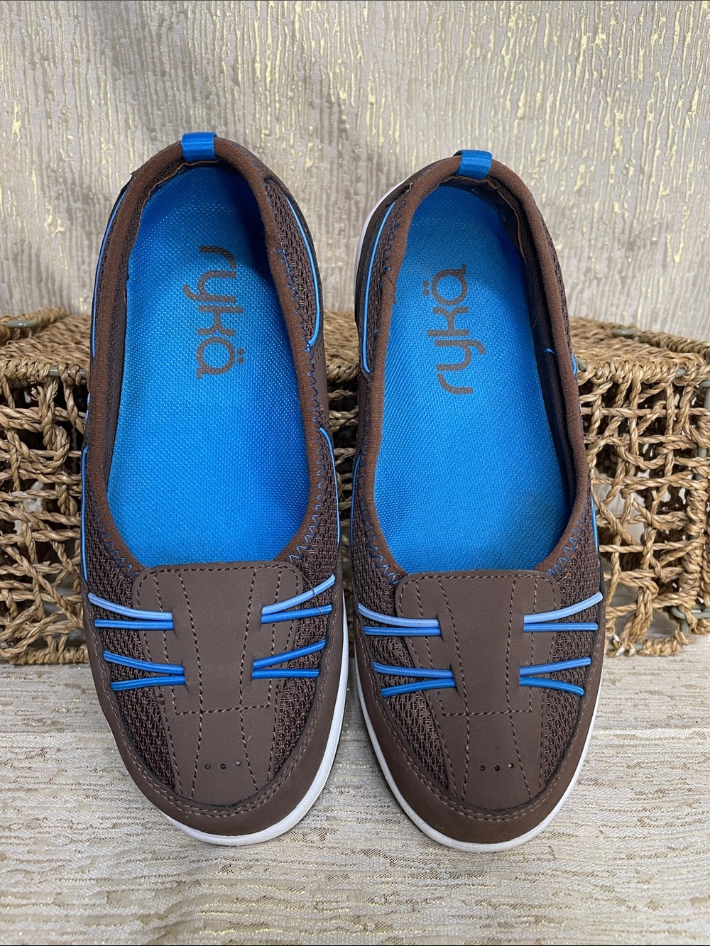 Ryka Tango Brown Slip-On Casual Leather Fabric Shoes with Blue Insole New Sz 6